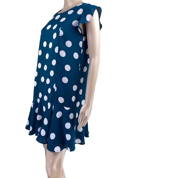 Loft MP Teal Polka Dot Ruffle Hem Shift Dress Sleeveless Petite M Modest - Picture 5 of 7